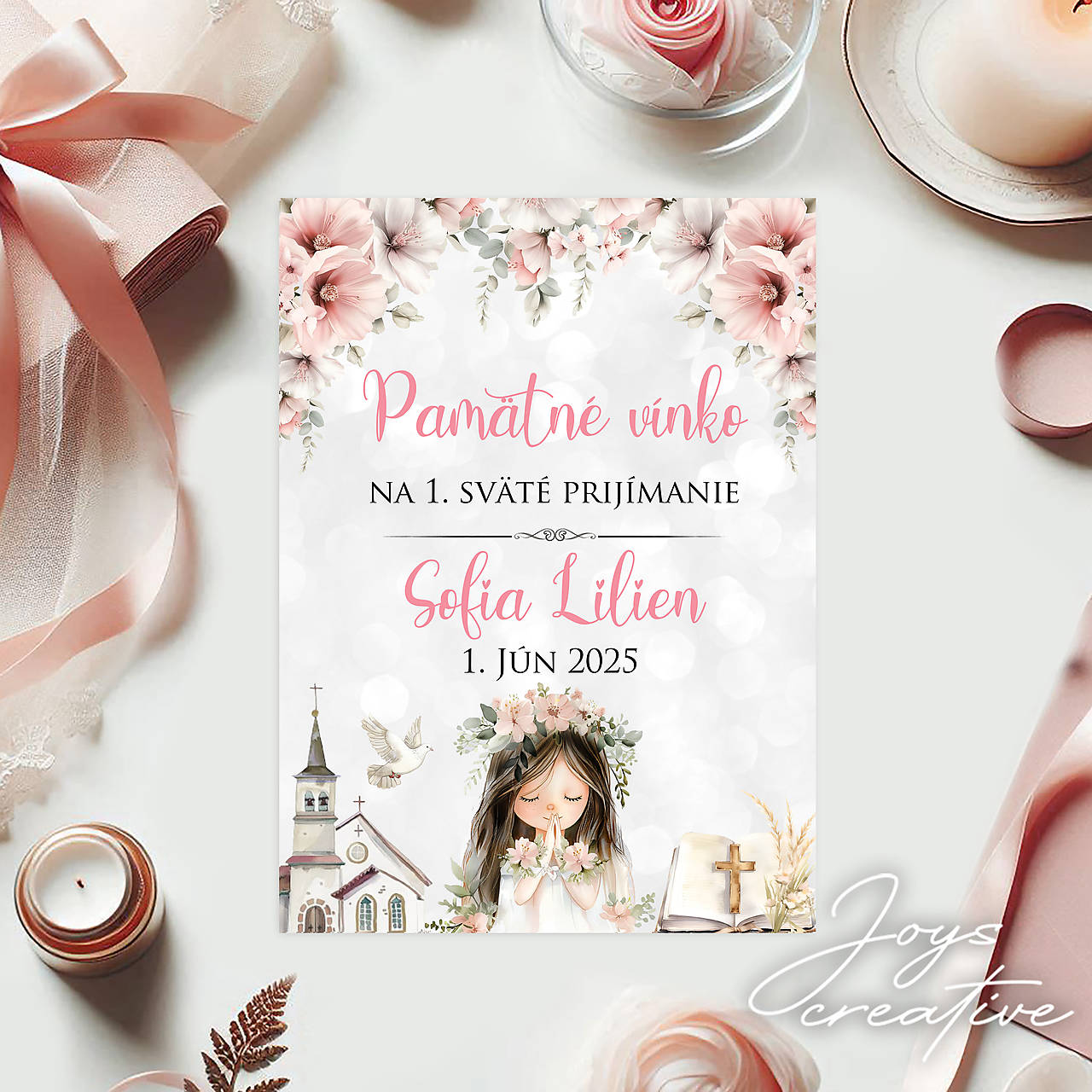 Samolepiaca etiketa na 1.sv. prijímanie dievčatko a kostol (Pamätné víno)