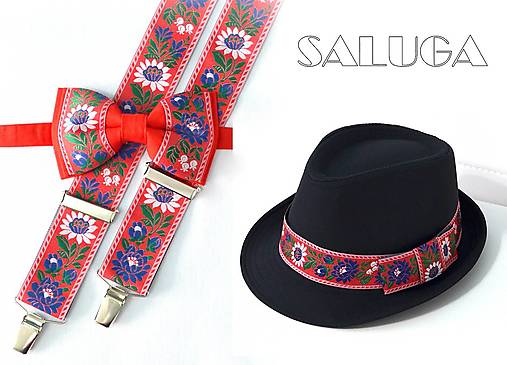 Pánske doplnky - Set - pánsky klobúk, folklórny motýlik a traky - červený - 17373520_