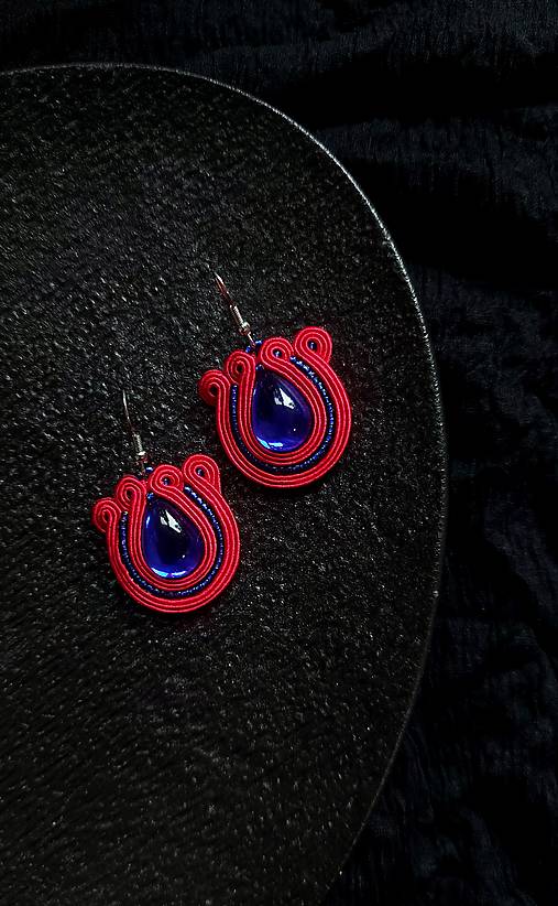 Náušnice - Tulipán - Blue&Red- soutache earring - ručne šité šujtášové náušnice - 17376768_