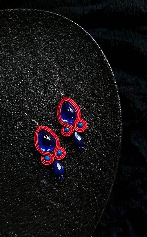 Náušnice - Mini Blue&Red- soutache earring - ručne šité šujtášové náušnice - 17376787_