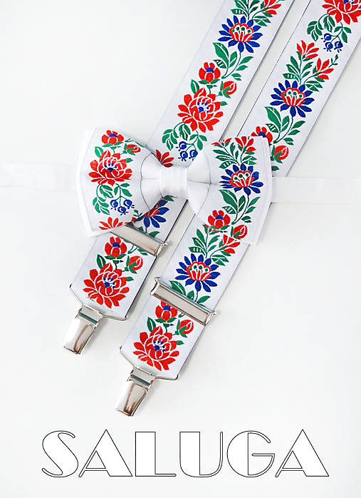Pánske doplnky - Folklórny pánsky biely motýlik a traky - folkový - ľudový  - 17376752_