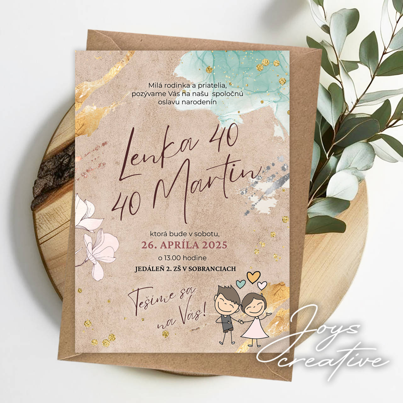 Pozvánka na spoločnú oslavu narodenín žena a muž (kraftová verzia s postavičkami)