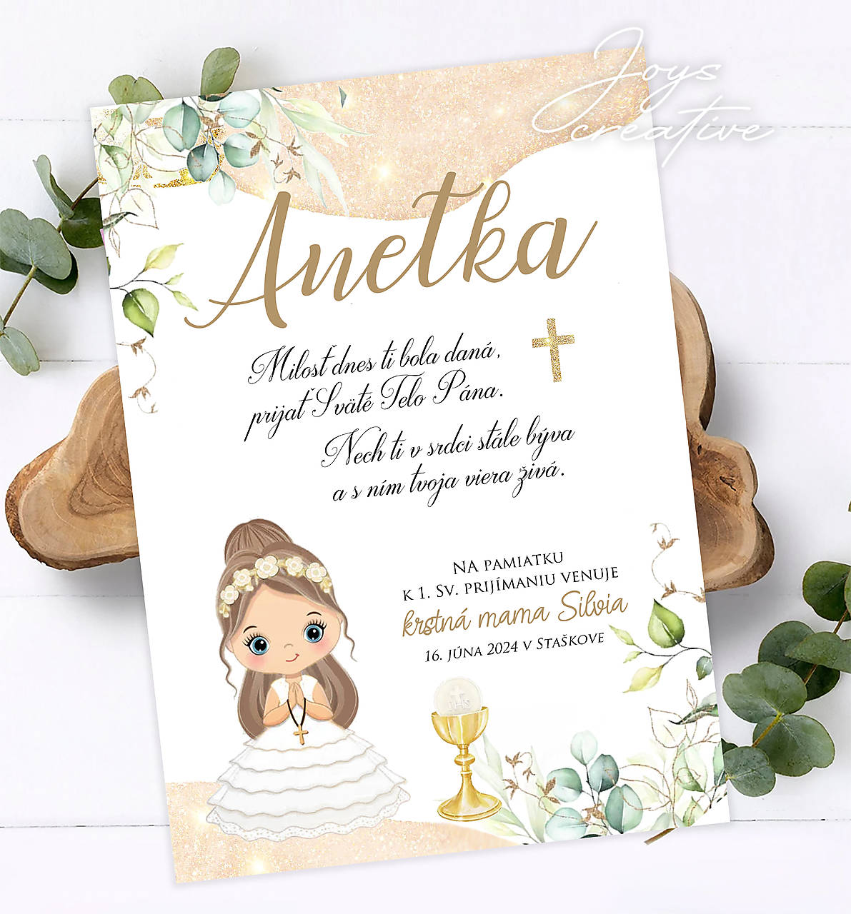 Pamiatka,  tabuľka k 1.sv. prijímaniu B01 (verzia s dievčatkom hnedé vlasy s venčekom)