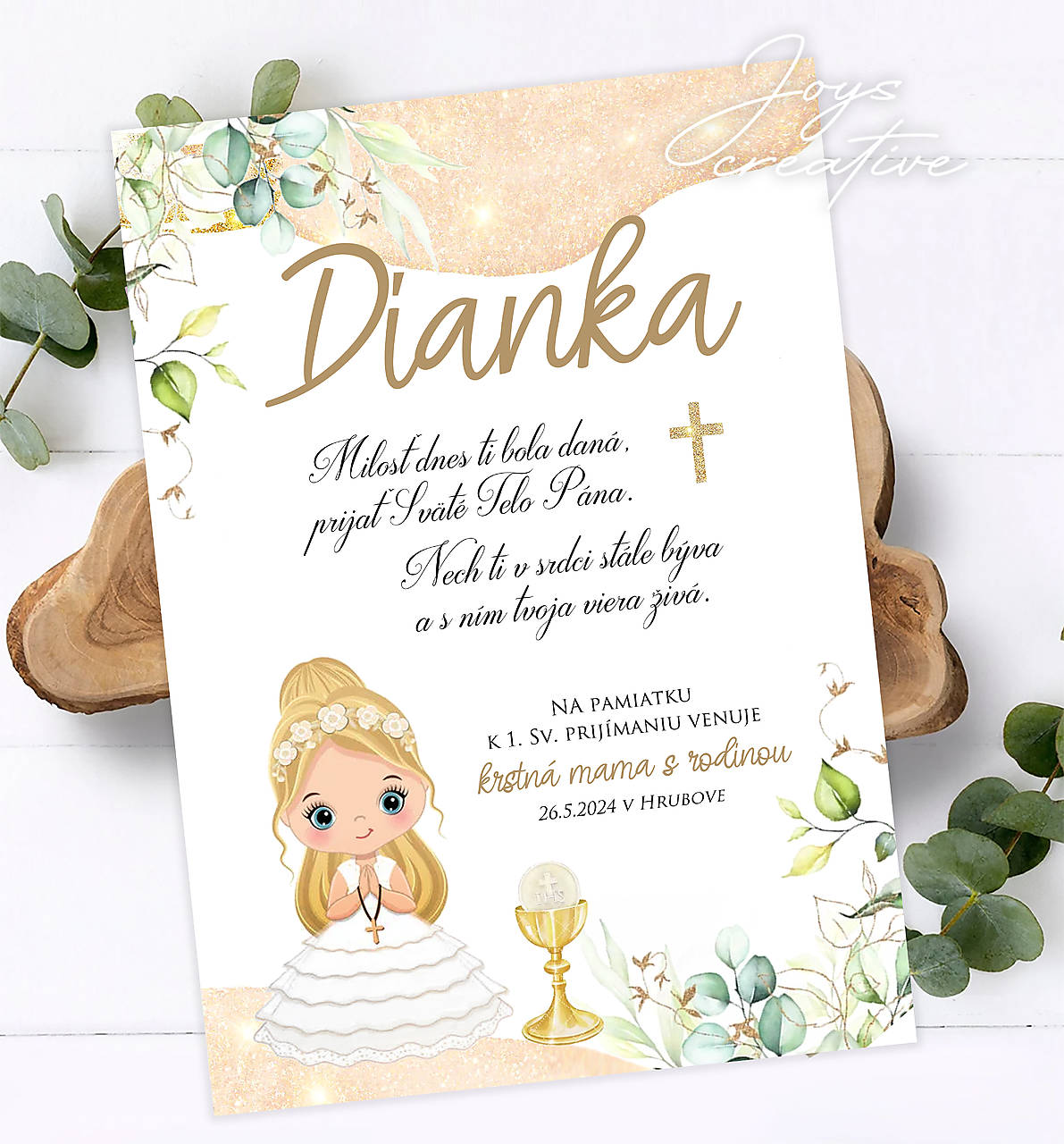 Pamiatka,  tabuľka k 1.sv. prijímaniu B01 (verzia s dievčatkom svetlé vlasy s venčekom)