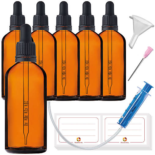Obalový materiál - 6ks - 100 ml fľašky z hnedého skla s pipetou - 17387757_