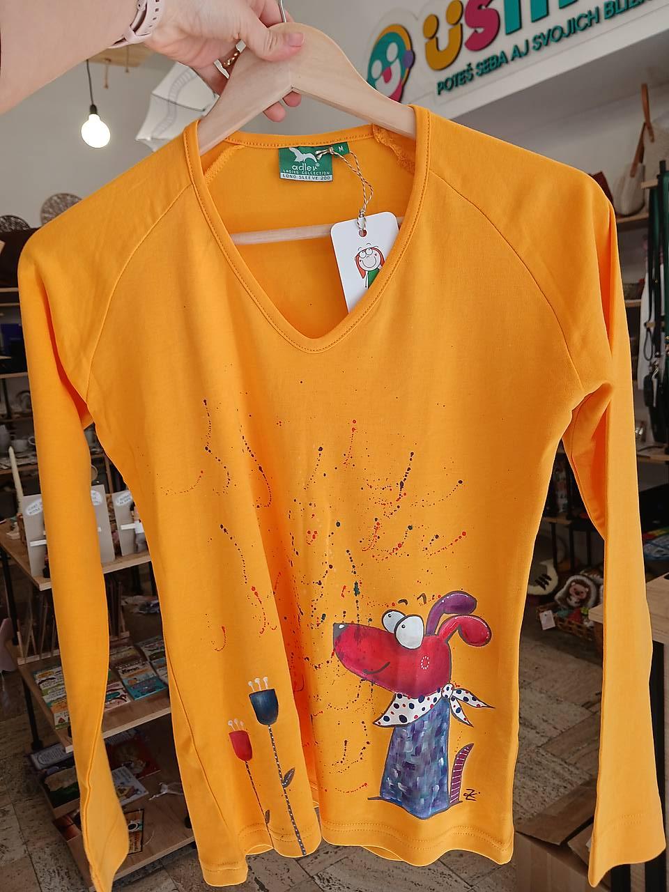 Ručne maľované tričko (Dámske žlté M - dlhý rukáv - Červený pes)