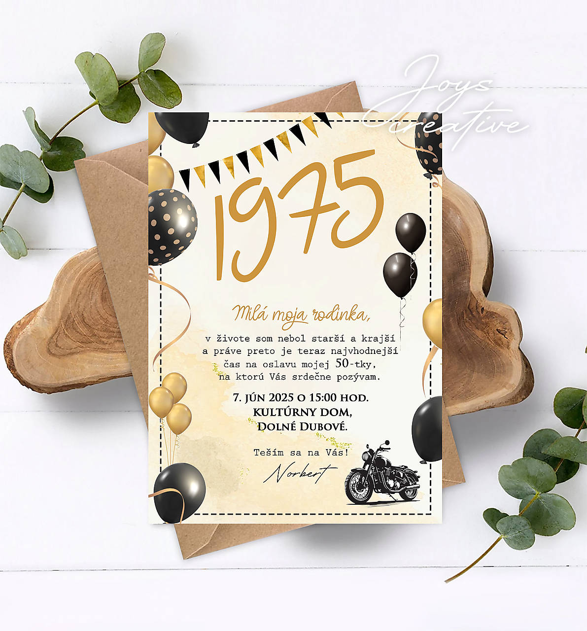 Narodeninová pozvánka pre chlapa na 50 s balónmi a motorkou