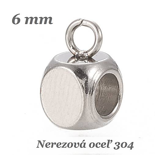 Korálky - Korálka kocka 6mm s očkom, prievlak 3mm /M4575/ - nerez.oceľ 304 - 17403044_