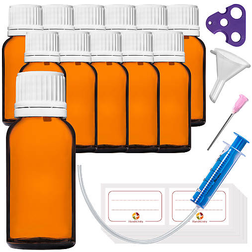 Obalový materiál - 12ks - 20 ml fľašky z hnedého skla s kvapkadlom (biele vrchnáky) - 17403473_