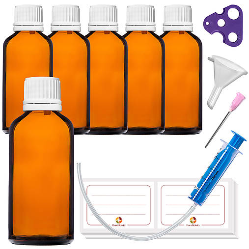 Obalový materiál - 6ks - 50 ml fľašky z hnedého skla s kvapkadlom (biele vrchnáky) - 17403642_