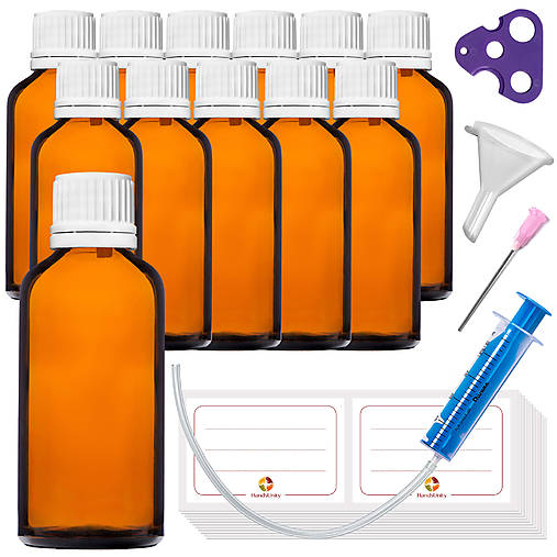 Obalový materiál - 12ks - 50 ml fľašky z hnedého skla s kvapkadlom (biele vrchnáky) - 17403652_