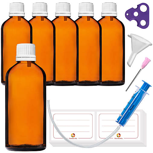 Obalový materiál - 6ks - 100 ml fľašky z hnedého skla s kvapkadlom (biele vrchnáky) - 17403792_