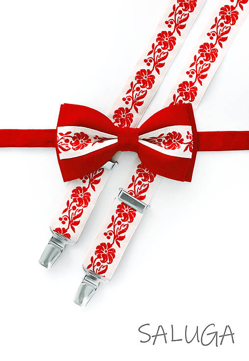 Pánske doplnky - Folklórny pánsky červený motýlik a traky - folkový - ľudový  - 17406344_