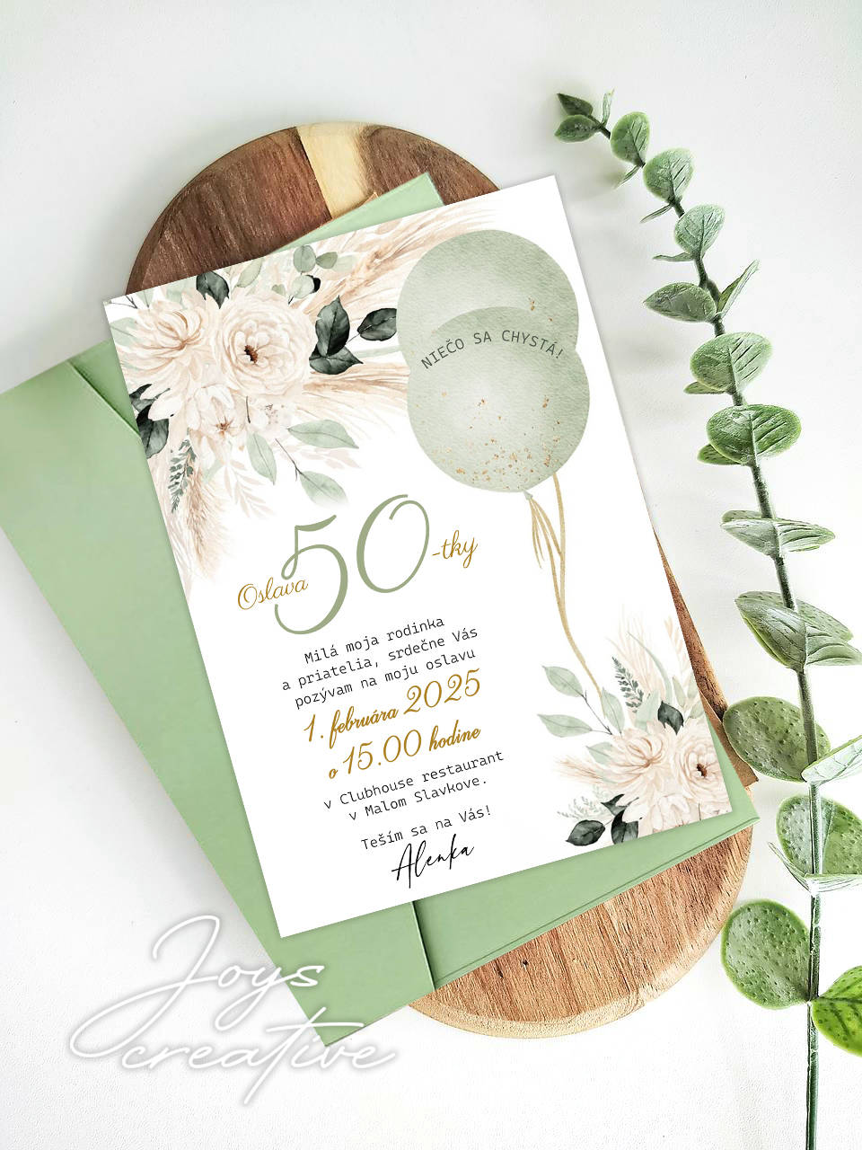 Pozvánka na narodeniny, narodeninová pozvánka na 50 pampas grass (zelená)