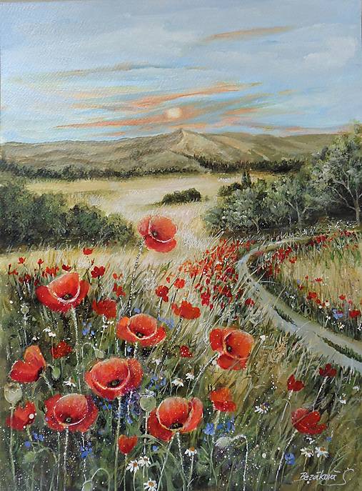 Obrazy - Krajina makmi posiata... - 17410100_