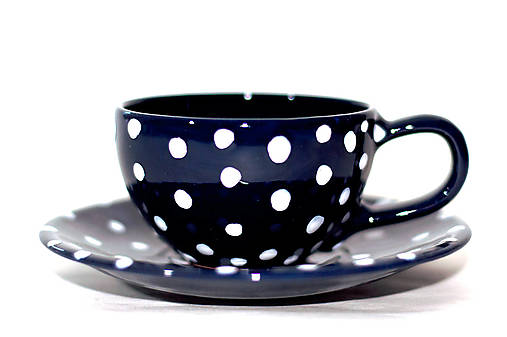 Nádoby - Kapučíno šálka s podšálkou (Kobaltová bodkovaná) - 17409635_