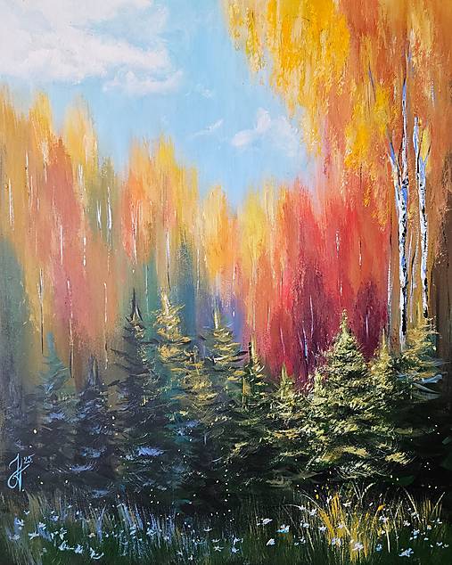 Obrazy - Ručne maľovaný obraz "Ráno v lese" 40x50 cm - 17412475_