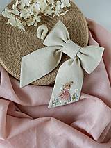 Ozdoby do vlasov - Ľanova vyšívaná mašľa do vlasov. Zajačik, kvety - 17415379_