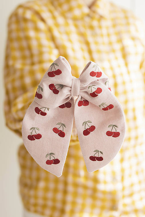 Ozdoby do vlasov - Vyšívaná ľanová mašľa Cherry I (Pastelovo ružová mašľa) - 17420514_