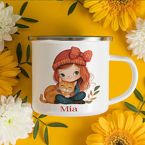 Nádoby - DIEVČATKO S MAČIATKOM smaltovaný hrnček s ľubovoľným menom - 17420923_