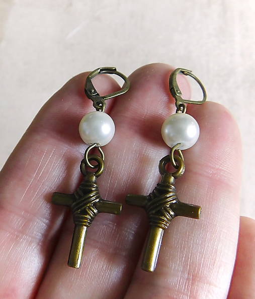 Náušnice - náušničky bronz s krížikom - 17426454_