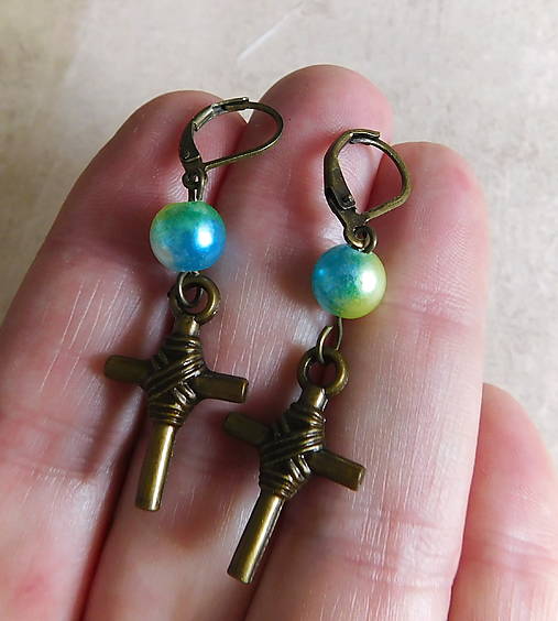 Náušnice - náušničky bronz s krížikom - 17426559_