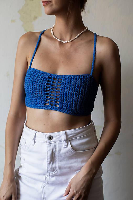Topy, tričká, tielka - MIRROR modrý háčkovaný croptop - 17427705_