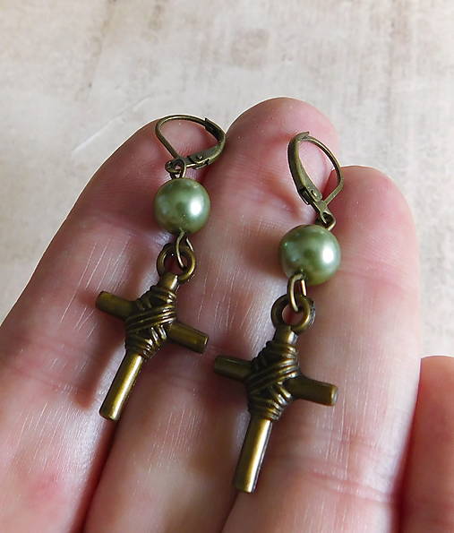 Náušnice - náušničky bronz s krížikom - 17428836_