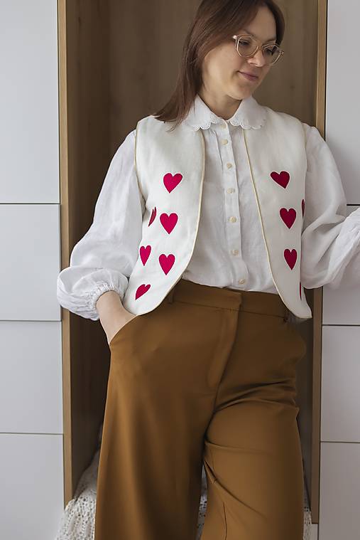 Vesty - Ľanová vesta Srdiečko - 17431850_