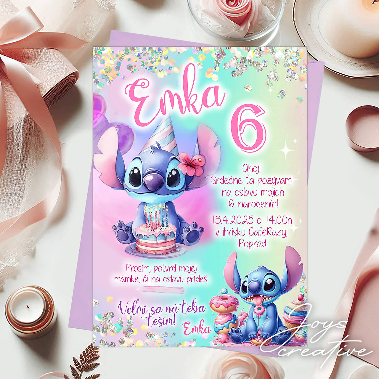 Narodeninová pozvánka Stitch  (dúhové pozadie)