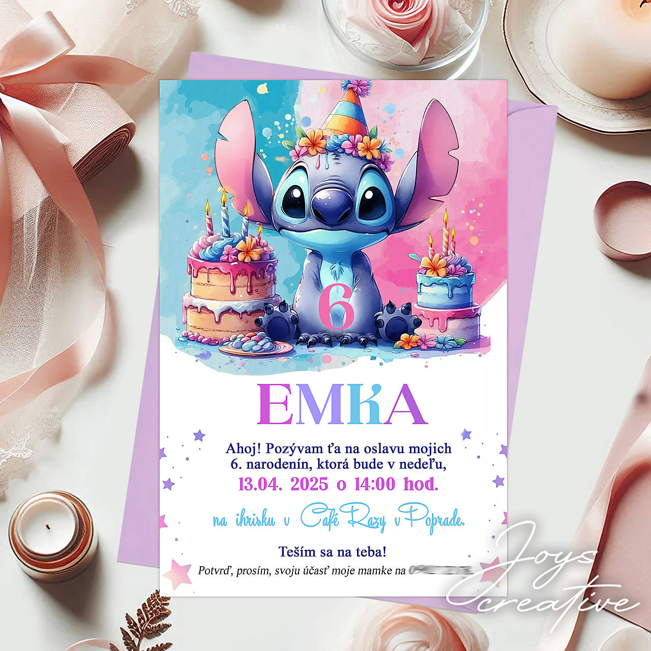 Narodeninová pozvánka Stitch  (stitch s dvoma tortičkami)