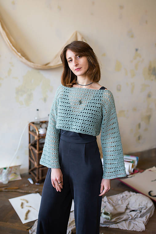 Svetre a kardigány - TENDER háčkované bolero šalviové - 17440498_