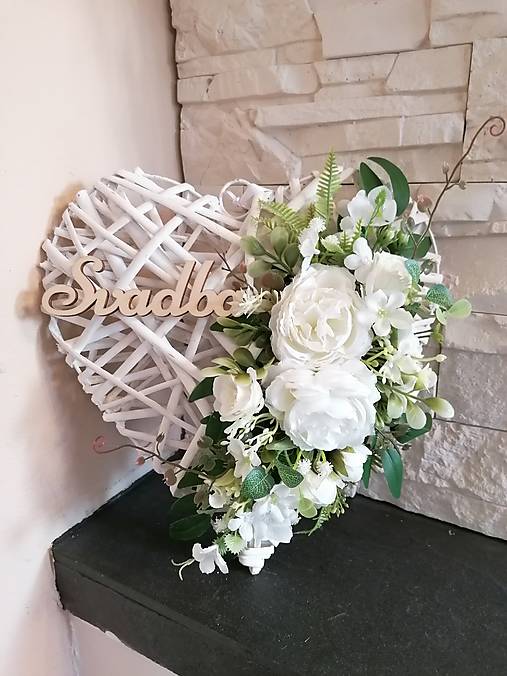 Dekorácie - Greenery srdce bielo-ivory s nápisom 30cm - 17440488_