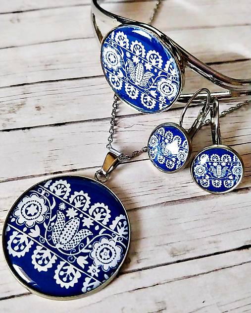 Sady šperkov - sada Folklórny ornament modrotlač, i jednotlivo - 17443354_