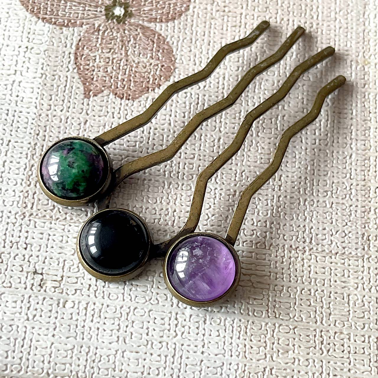 Elegant Bronze Gemstone Hair Comb / Hrebienok do vlasov s minerálmi E064