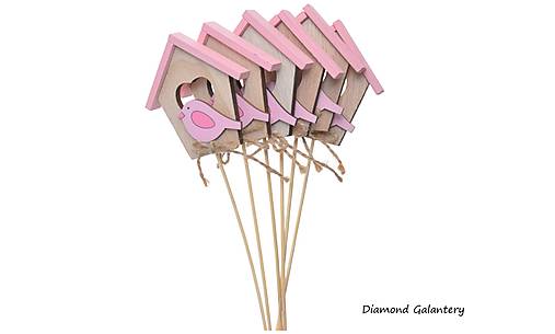 Polotovary - Drevený zápich - Domček - Vtáčik - Ružový - 17449291_