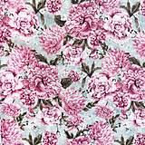 Textil - pivónie na modrosivej, 100 % predzrážaná bavlna EÚ, šírka 140 cm - 17450039_