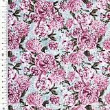 Textil - pivónie na modrosivej, 100 % predzrážaná bavlna EÚ, šírka 140 cm - 17450041_