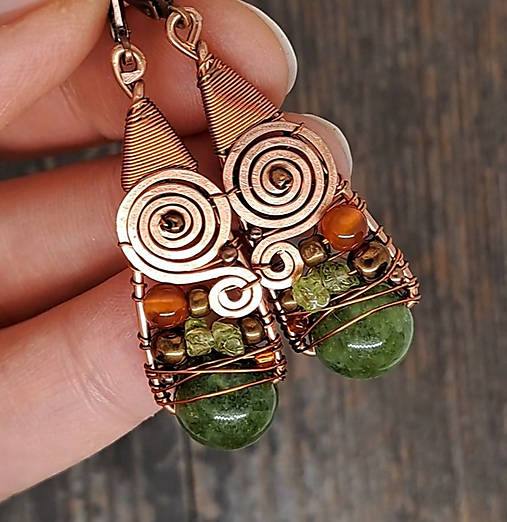 Náušnice - Náušnice GREEN CHALCEDON+VLTAVÍN+KARNEOL - 17451692_