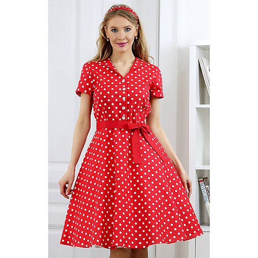 Šaty - Cora - retro košeľové šaty, červené - 17453853_