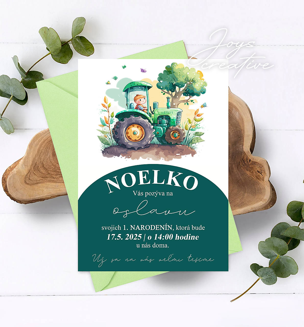 Pozvánka na narodeniny s traktorom  (traktor so stromom)