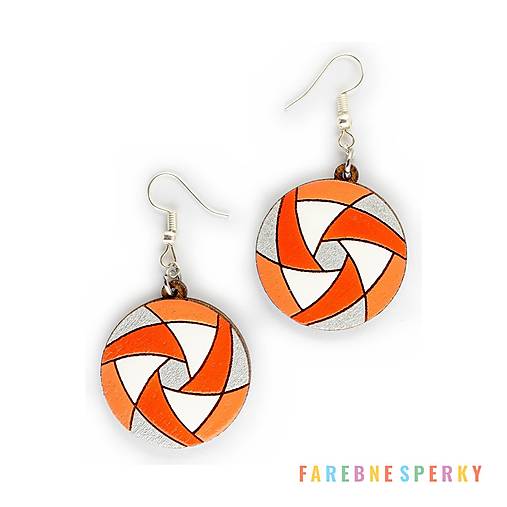 Náušnice - Drevené geometrické visiace náušnice – Hexa Spin, oranžové (kruhové) - 17462547_