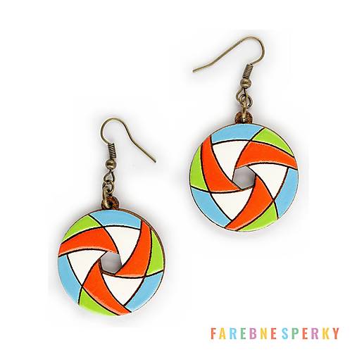 Náušnice - Drevené geometrické visiace náušnice – Hexa Spin, pestrofarebné 7 (kruhové) - 17462561_