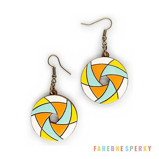 Náušnice - Drevené geometrické visiace náušnice – Hexa Spin, pestrofarebné 6 (kruhové) - 17462562_