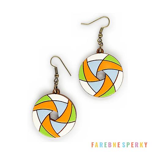 Náušnice - Drevené geometrické visiace náušnice – Hexa Spin, pestrofarebné 5 (kruhové) - 17462563_
