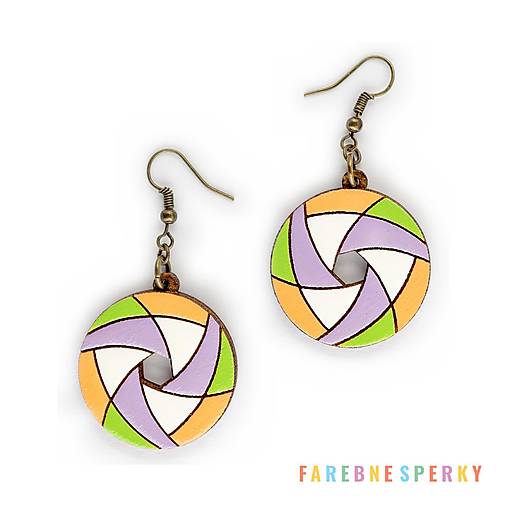 Náušnice - Drevené geometrické visiace náušnice – Hexa Spin, pestrofarebné 4 (kruhové) - 17462564_