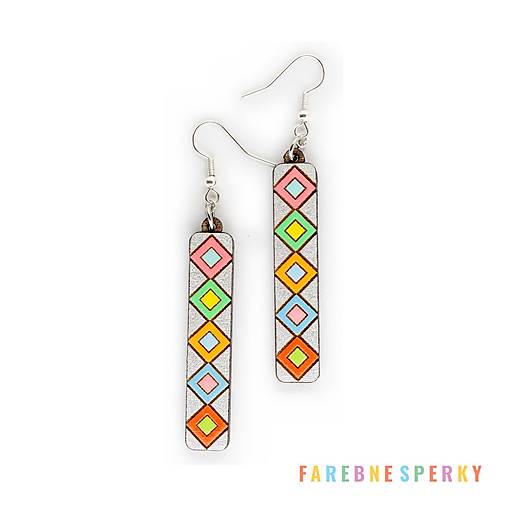 Náušnice - Drevené geometrické visiace náušnice – Diamond Stripes 5, pestrofarebné (obdĺžnikové) - 17463610_