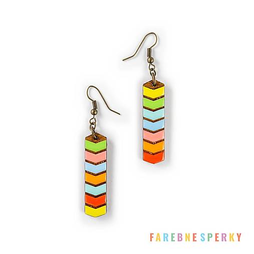 Náušnice - Drevené geometrické visiace náušnice – Drop Arrows, pestrofarebné 3 (obdĺžnikové, stredné) - 17464763_