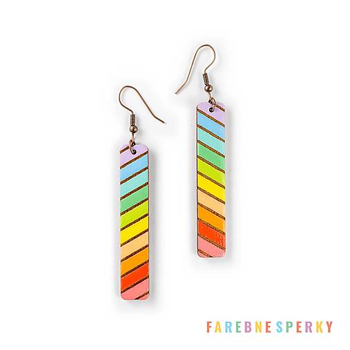 Náušnice - Drevené geometrické visiace náušnice – Slanted Stripes, pestrofarebné 2 (obdĺžnikové) - 17464865_
