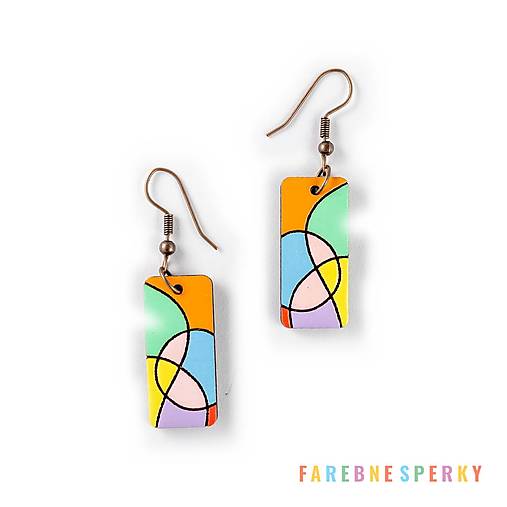 Náušnice - Drevené geometrické visiace náušnice – Asymmetric Curves 2, pestrofarebné 2 (obdĺžnikové) - 17465093_